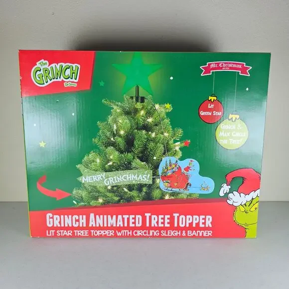 NEW!! Mr. Christmas Animated Dr.‎ Seuss Grinch Sleigh Tree Topper with LED Star