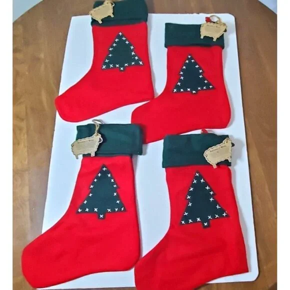 Set Of 4 Naturally‎ Wool Christmas Stockings With Green Cuffs & Tree Design