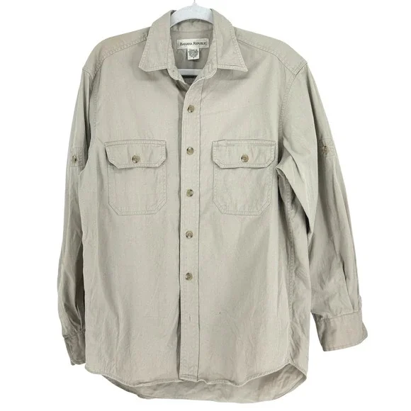 Banana Republic Vintage Mens Khaki Cotton Twill Roll Tab Safari Work Shirt Tan S