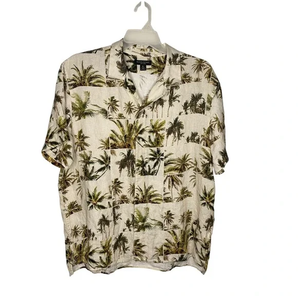 Banana Republic Mens XL 100% Linen Tropical Palm Tree Short Sleeve Shirt Beige