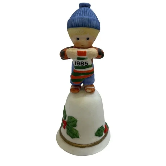 Vintage 1985 Enesco Christmas Bell Figurine Boy‎ Holding Stocking Ornament
