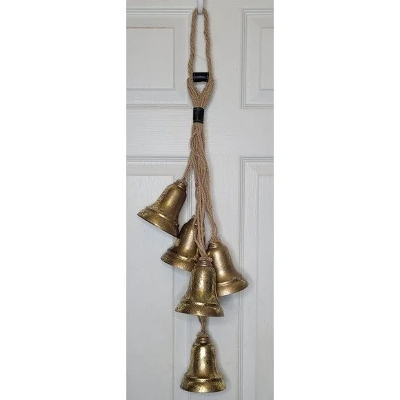 Rustic 5 Hanging Bells Gold Metal Bells w/ Jute Rope‎ Distressed Holidays Decor