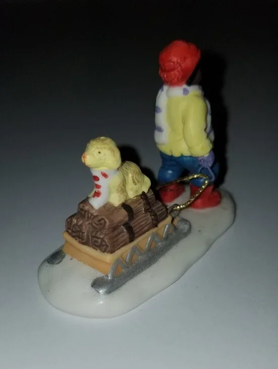 O'Well Holiday Time Figurine Black Boy Pulling Sled Yellow Lab Puppy Dog Snow