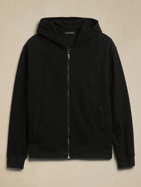 BANANA REPUBLIC Mens Brushed Waffle Lightweight Black Zip-Up Hoodie Jacket