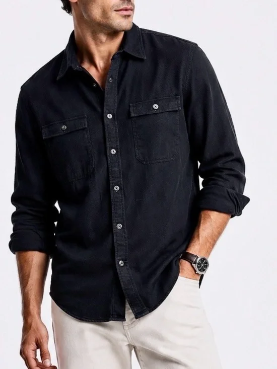 BANANA REPUBLIC Textured Mens Standard Fit Black Long-Sleeve Button-Down Shirt