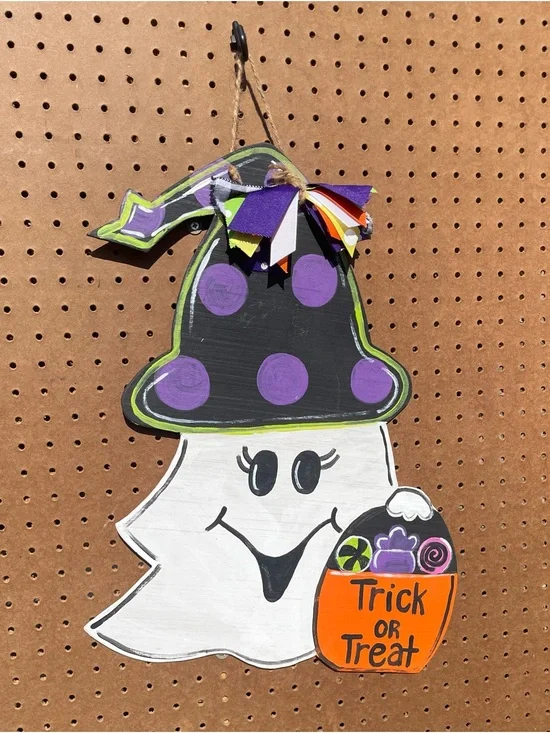 Halloween Ghost Door Hanger - Purple & White Trick or Treat Sign