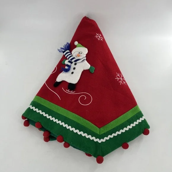 Vintage Felt Christmas Tree Skirt Table‎ Cover 3D Snowman Pom Embroider Applique