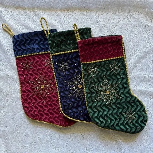 Set of 3 Velvet Christmas Stockings Beaded Snowflake Jewel Holiday‎ Decor