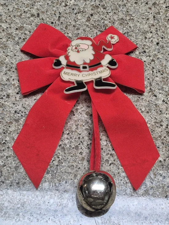Vintage Christmas Red Velvet Bow Santa Jingle Bell Door Hanger Ornament 11