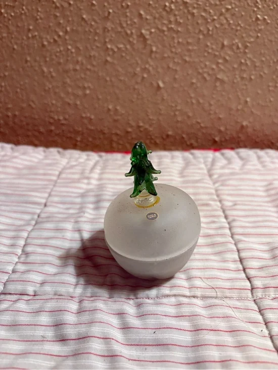 Vintage Frosted Blown Glass Candle with Green Glass Tree Top