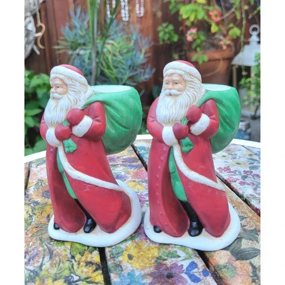 Hand Painted Ceramic Santa Claus Candle Holders - Set of 2