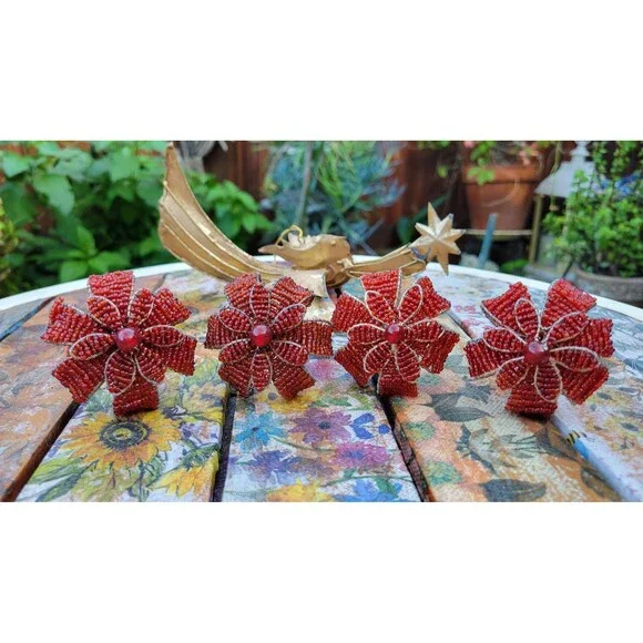 Red Beaded Poinsettia Flower Napkin Rings Holiday Christmas Table Decor - Set of