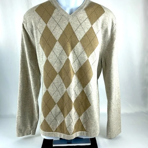 Banana Republic Cotton Cashmere Argyle Sweater XL Tan Heathered Cream/Gray Brown
