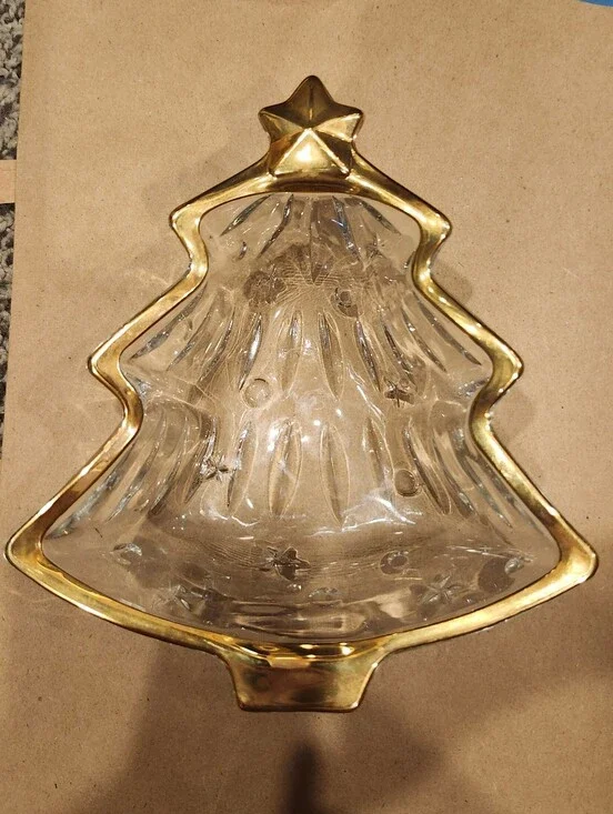 Vintage Glass Christmas Tree Dish with Gold Trim - Candy Dish