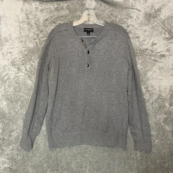 Banana Republic Men Classic Preppy Cotton Blend Speckled Henley Sweater M Gray