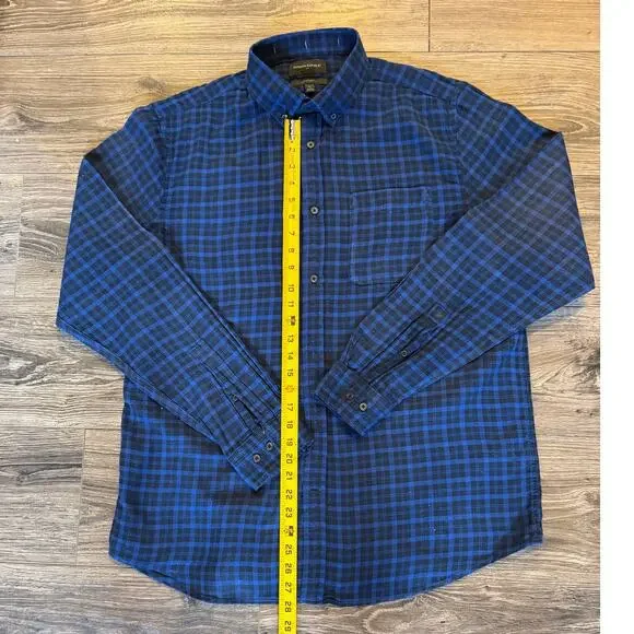 Banana Republic Mens Large Tall Blue Black Plaid Cotton Blend Button Down Shirt