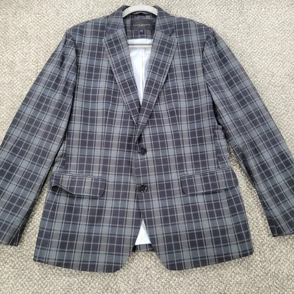 Banana Republic Tailored Fit Plaid Blazer Mens 40S Navy Grey Cotton Sport Coat