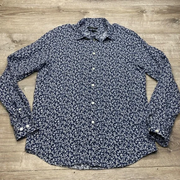 Banana Republic Button Down Mens M Blue Linen Leaf Print Slim Fit Casual Shirt