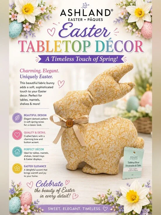 🌞Ashland Easter Tabletop Décor Fabric Bunny - Yellow Damask