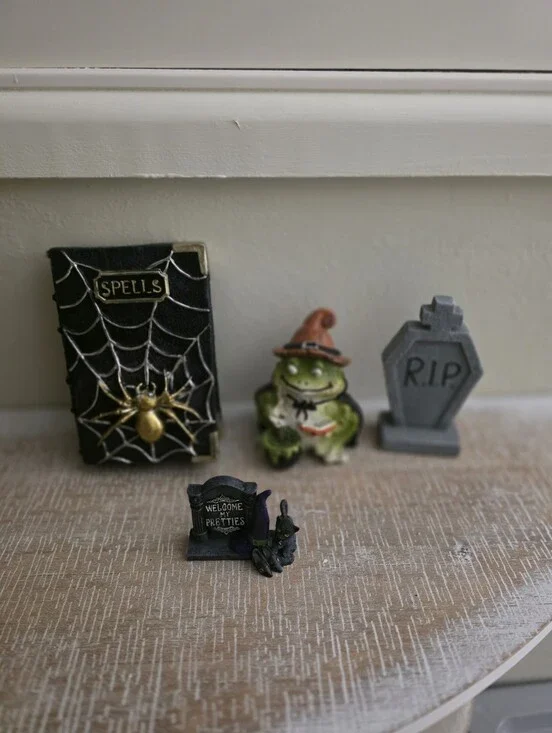 Halloween Spells Book Figurine with Gold Spider - Black