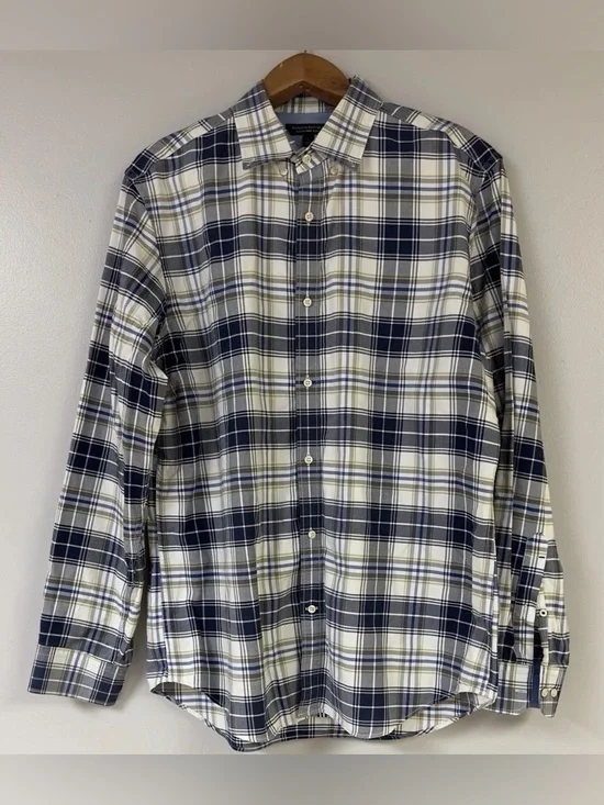 Banana Republic Oxford Shirt Slim Fit Mens L Large Blue Green Plaid Button Up