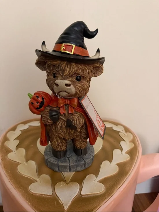 HallowHome Halloween Resin Highland Cow with Witch Hat & Pumpkin