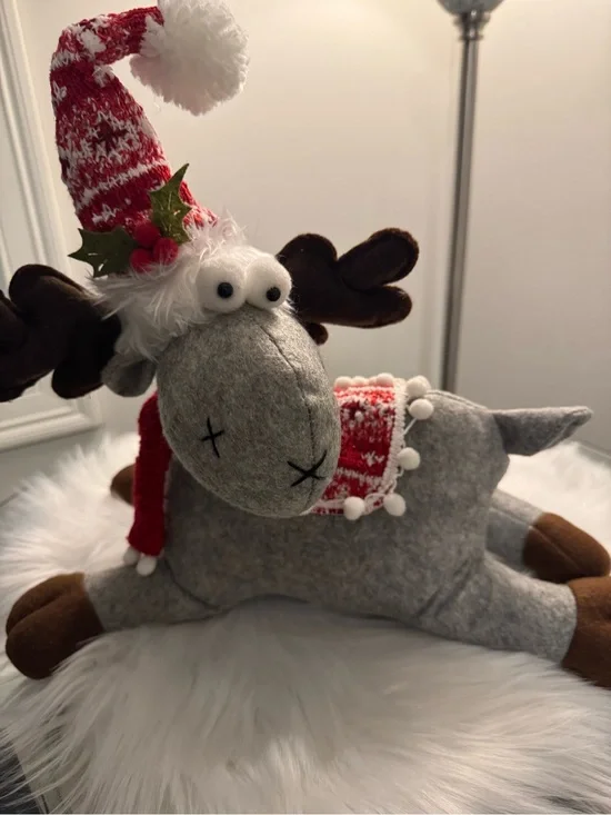 Gray Plush Holiday Moose with Red Knit Hat
