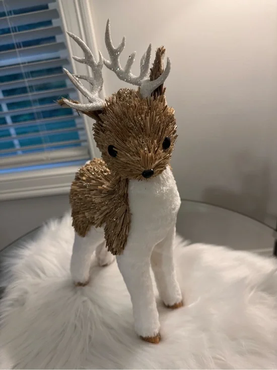 Festive White and Brown Deer Figurine with Glitter Antlers