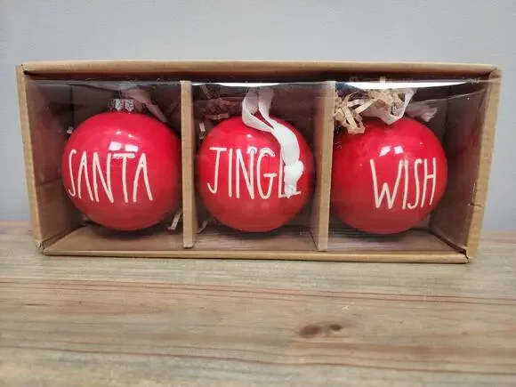 RAE DUNN~RED ORNAMENTS 3 PIECE SET~(JINGLE-SANTA-WISH)
