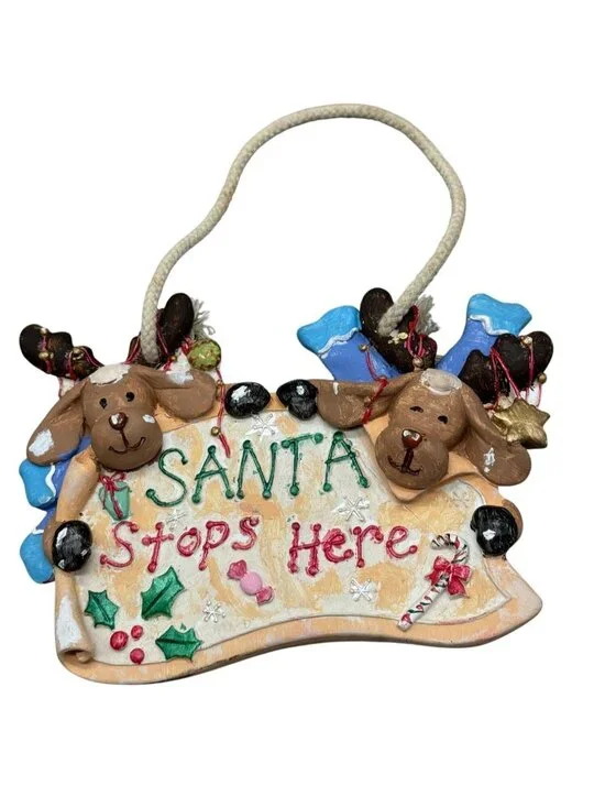 Christmas Santa Stops Here Hanging Holiday Decoration Hand Painted READ
