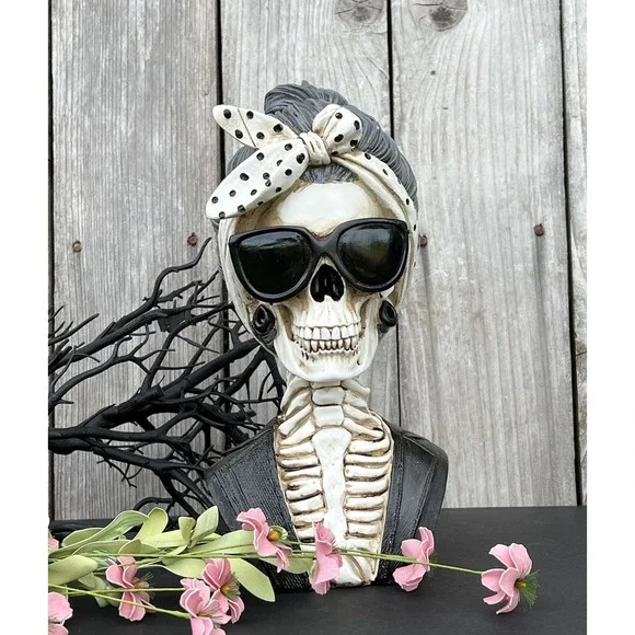 Skeleton Bust Wearing Shades and Polka Dot Hair Accessory-New 14in