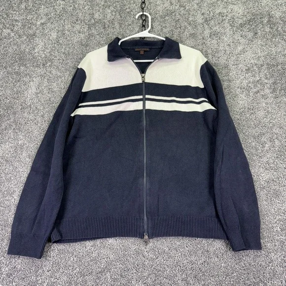 Banana Republic Sweater Mens XL Blue Cotton Knit Full Zip Collared Striped