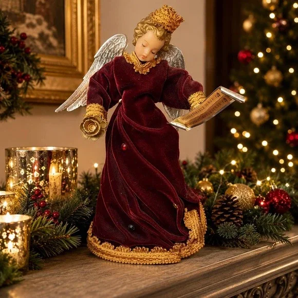 VTG Burgundy Velvet Christmas Angel Figure Gold Rose & Hymnal, 12