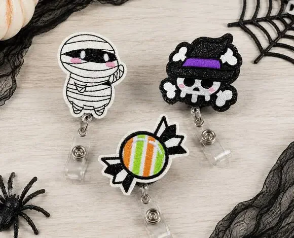 3 Pc Halloween Retractable Badge Reel Set Mummy Skull Candy Glitter Embroider
