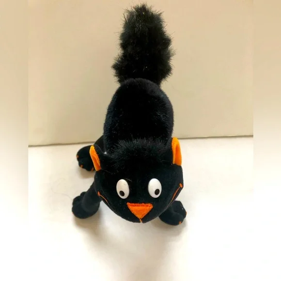 Black Cat Posable Weighted Feet Furry Tail Plush Decor Orange Nose
