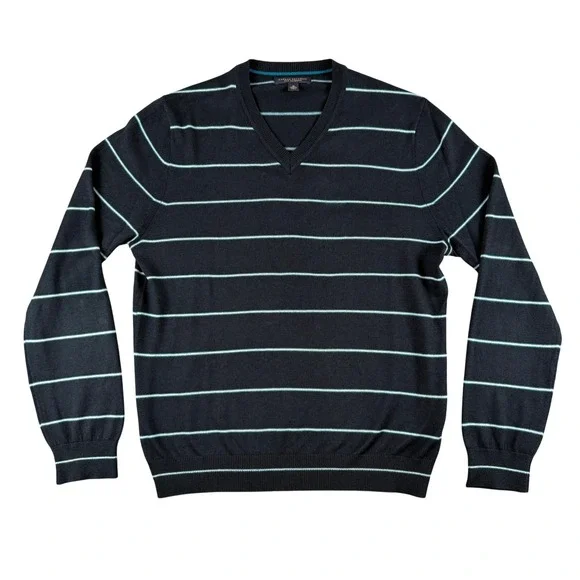 Banana‎ Republic Sweater Mens M Black Blue Striped V-Neck Silk Cashmere Knit