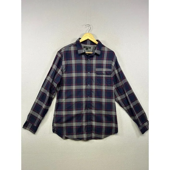 Banana Republic Plaid Flannel Mens L Navy Blue Luxe Flannel Slim Fit Shirt