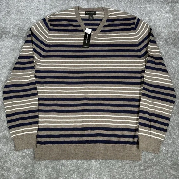 Banana Republic Sweater‎ Men's Large Brown Blue Striped Merino Wool Long Sleeve