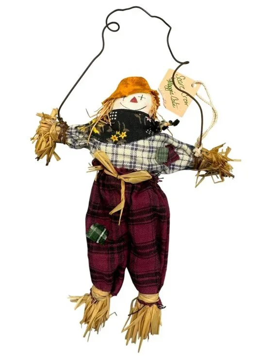 Handmade Rustic Scarecrow Ornament With Plaid Clothes & Wire to Hang READ