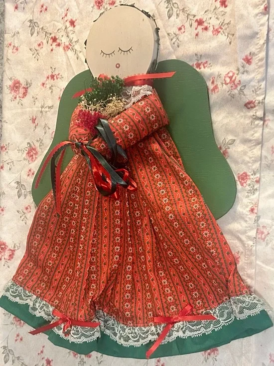 Handmade Holiday Angel Wall Hanging in Red and Green