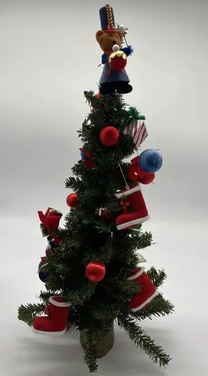 Vintage 19” Decorated Table Christmas Tree Wooden, Flocked & Folk Art Ornaments