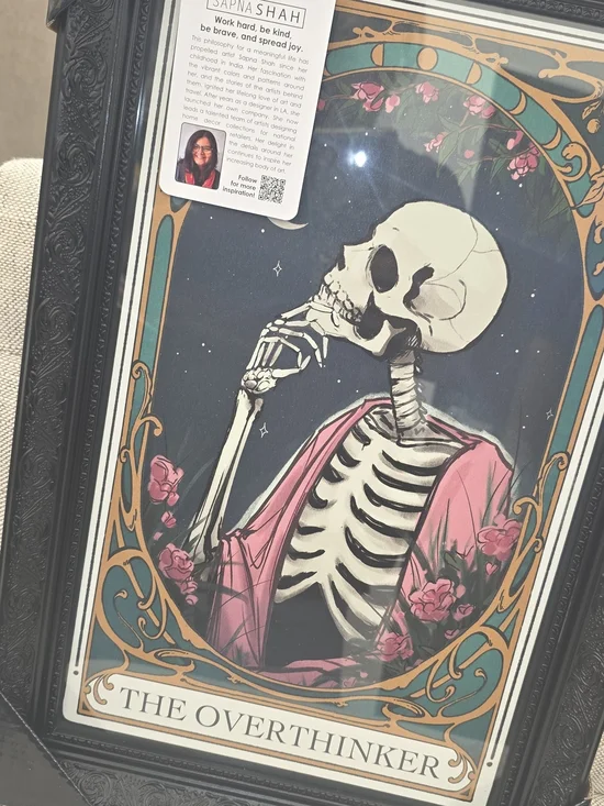 The Overthinker Framed Wall Art – Pink, Teal & Gold Skeleton Illustration
