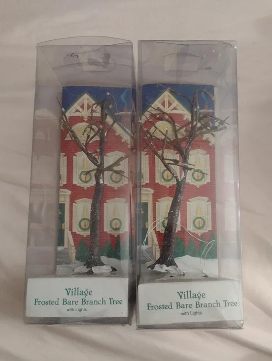 NIB Department 56 Christmas Village Frosted Bare Branch Tree W/ Lights Set Of 2