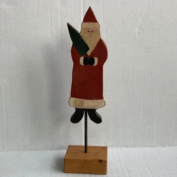 Vintage 1983 wood carved painted Santa Christmas tree on pedestal