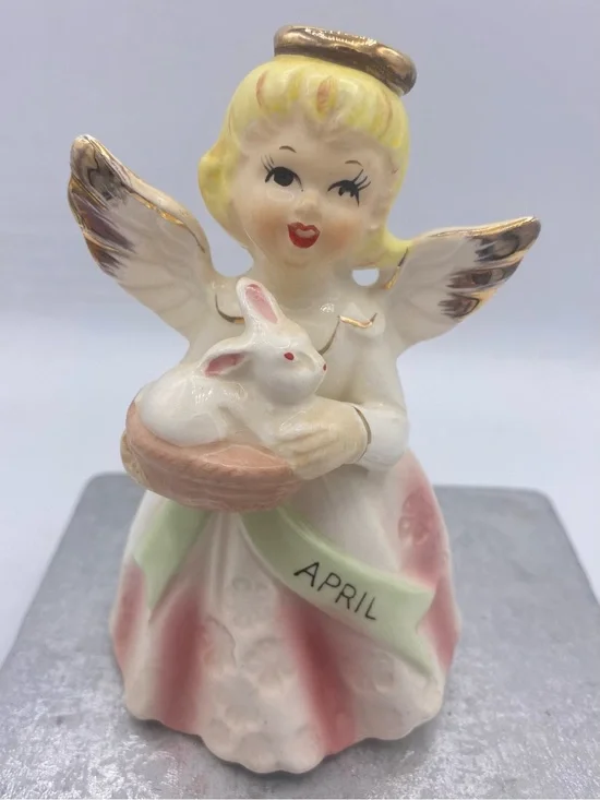 Vintage Japanese April Angel With Bunny Figurine Easter Holiday Collectible