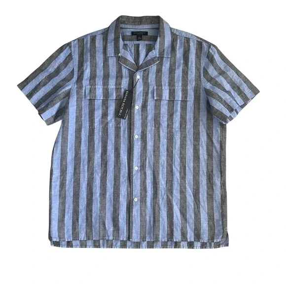 BANANA REPUBLIC Men's Resort‎ Shirt Blue Striped Linen Short Sleeve Beach Large