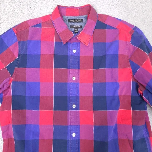 Banana Republic Shirt Mens Large Tall Red Blue‎ Plaid Camden Fit Custom 078 Wash