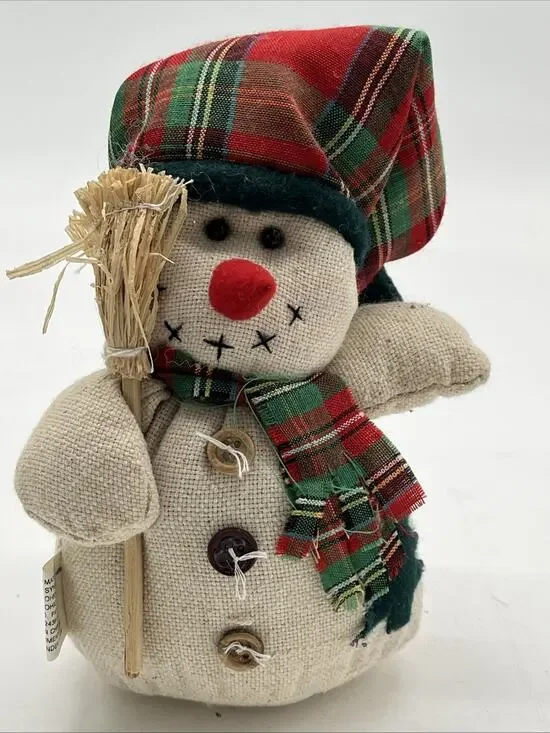 Vintage Plush Snowman Shelf Sitter – 7” with Broom & Scarf, Holiday Décor
