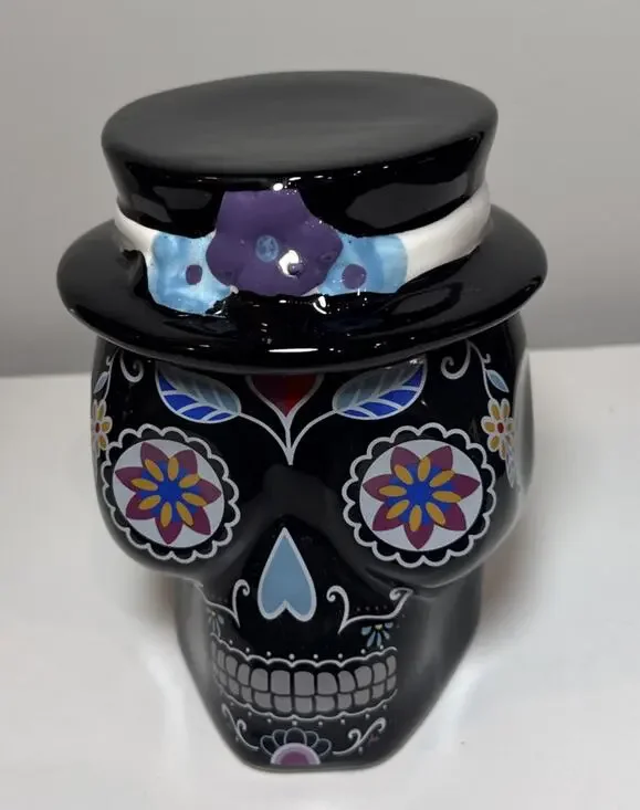 Dia De Los Muertos Sugar Skull Ceramic Canister Jar w/ Lid Top Hat Unused