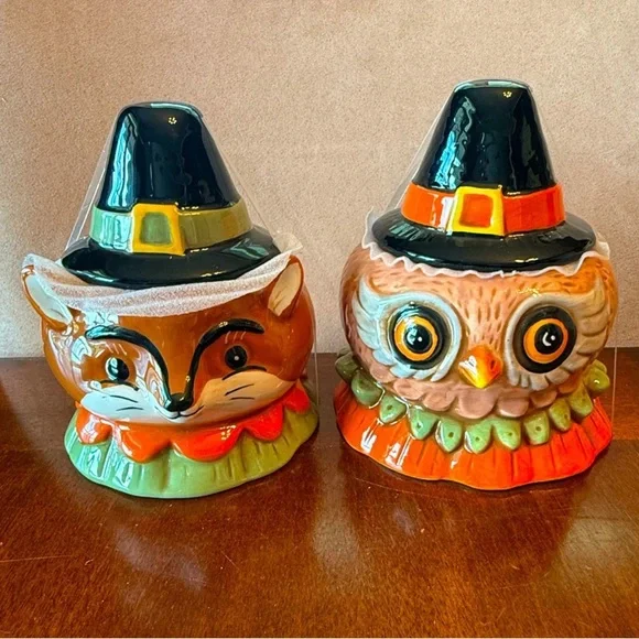 New Johanna Parker Fall Critters 2 Pieces Fox & Owl Small Canister Fall Decor